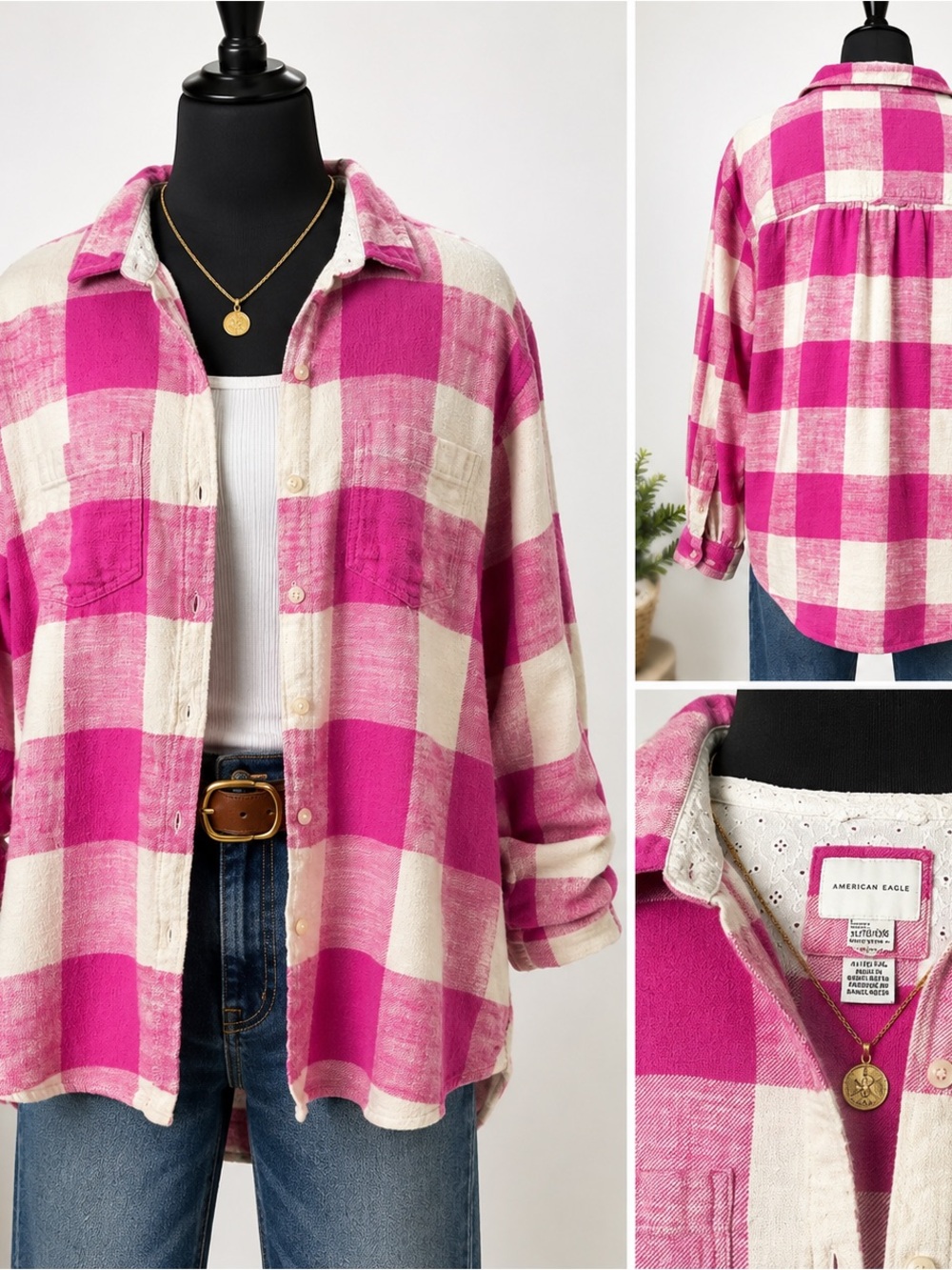 American Eagle Women’s XL Pink Buffalo Plaid Flannel Shirt 100% Cotton Oversized
